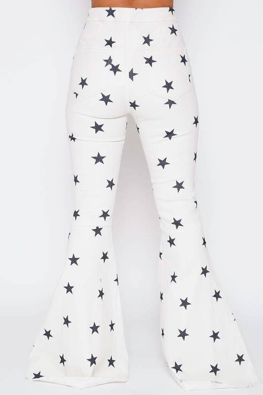 High Waisted Star Print Twill Bell Bottom Jeans