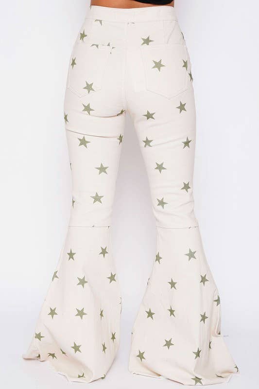 High Waisted Star Print Twill Bell Bottom Jeans