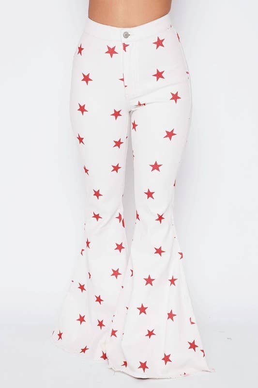 High Waisted Star Print Twill Bell Bottom Jeans