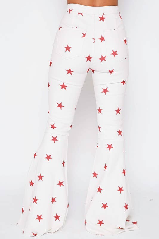 High Waisted Star Print Twill Bell Bottom Jeans