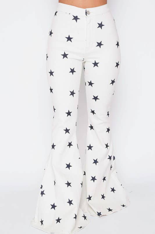 High Waisted Star Print Twill Bell Bottom Jeans