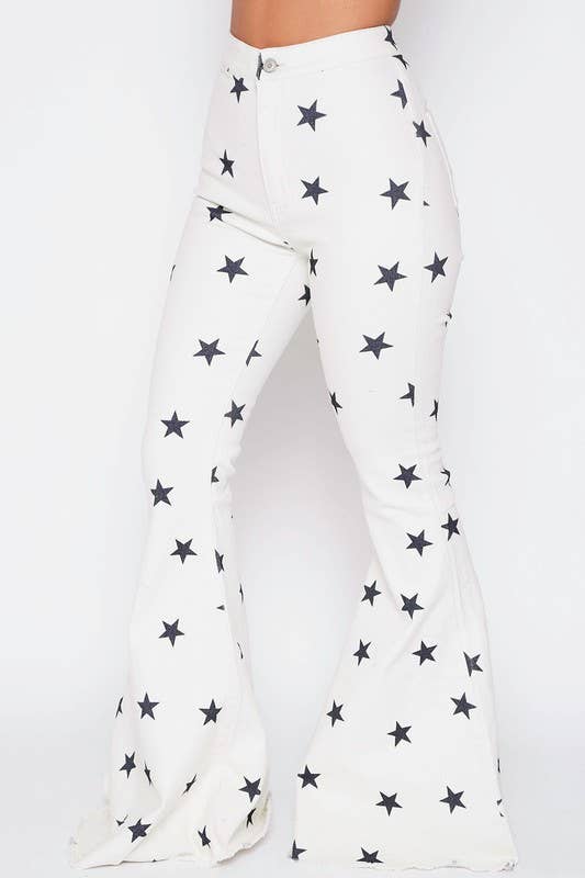 High Waisted Star Print Twill Bell Bottom Jeans