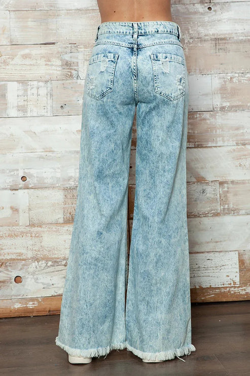 High Waisted Acid Wash Distressed Wide Leg Denim Jeans