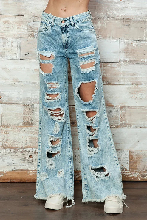 High Waisted Acid Wash Distressed Wide Leg Denim Jeans