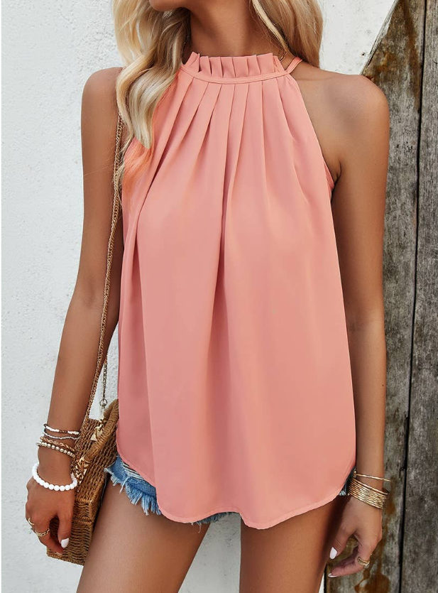 Tie Halter Ruched Solid Loose Top