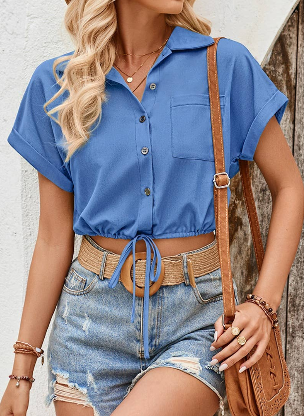 High Waist Button Pocket Elastic Waist Blouse
