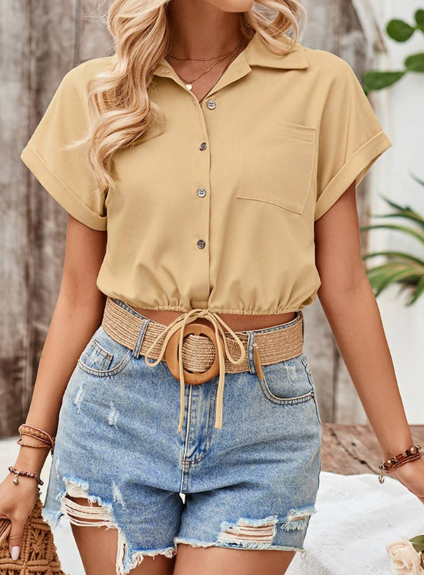 High Waist Button Pocket Elastic Waist Blouse