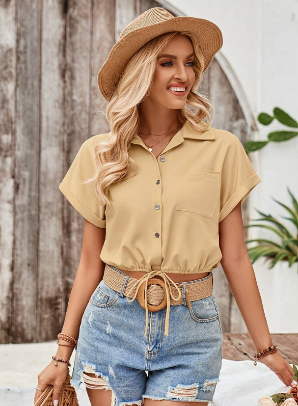 High Waist Button Pocket Elastic Waist Blouse