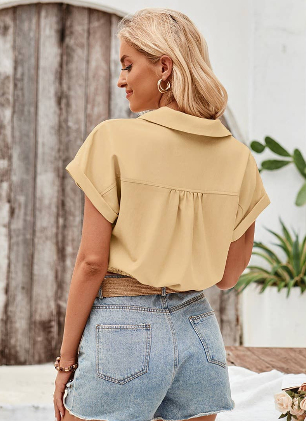High Waist Button Pocket Elastic Waist Blouse