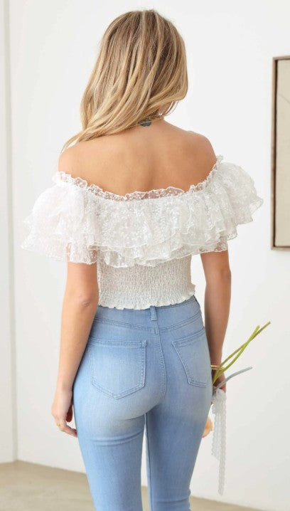 Ruffle Lace Smocked Off Crop Top
