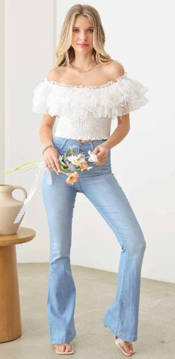 Ruffle Lace Smocked Off Crop Top