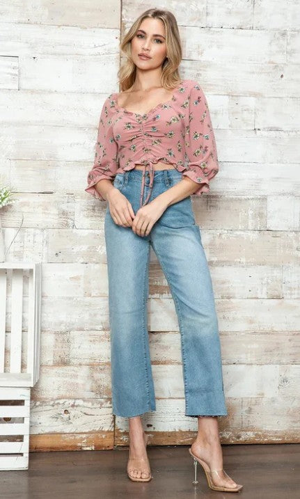 Floral Print Ruched Front Adjustable Tie Crop Top