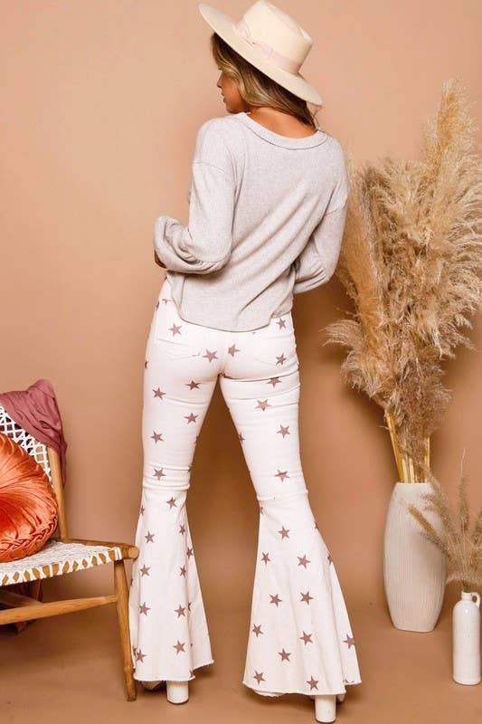 High Waisted Star Print Twill Bell Bottom Jeans