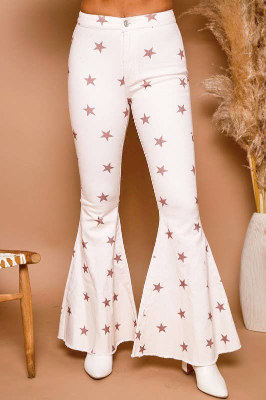 High Waisted Star Print Twill Bell Bottom Jeans