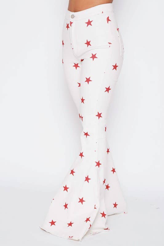 High Waisted Star Print Twill Bell Bottom Jeans