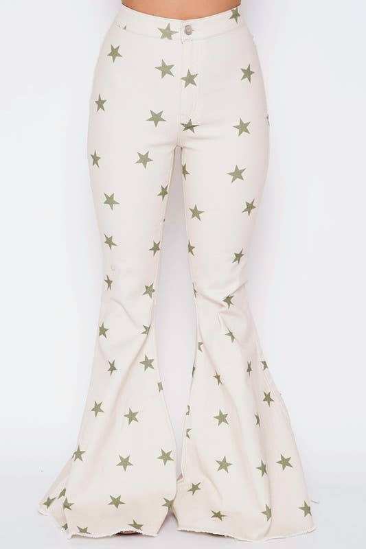 High Waisted Star Print Twill Bell Bottom Jeans