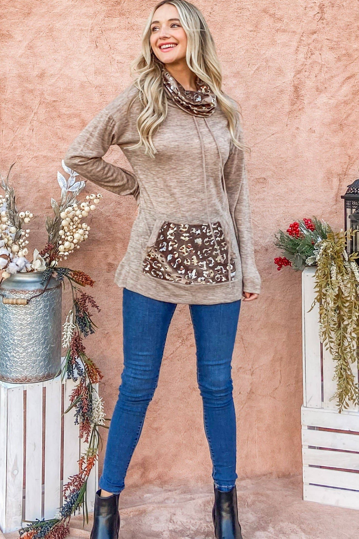 Leopard & Solid Double Turtle Neck Knit Top