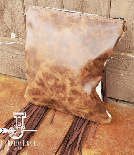 Crossbody Handbag w/ Brown Fringe & Turquoise Slabs
