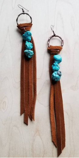 Leather Fringe Earrings with Turquoise Chunks