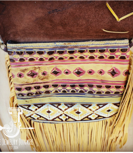 Leather Yellow Navajo Handbag w/ Flap and Braid Accent