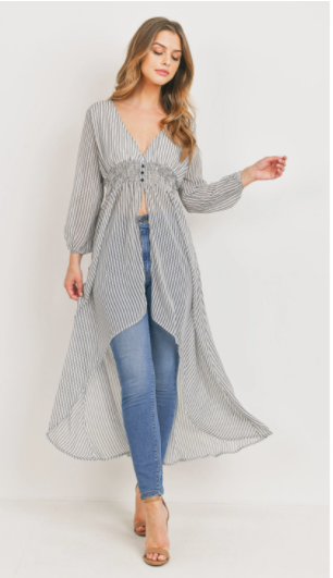 Striped Duster Kimono With Smocked Waist