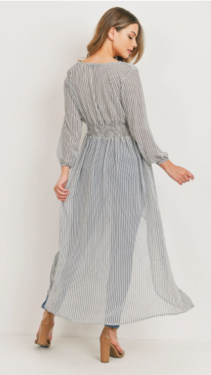 Striped Duster Kimono With Smocked Waist
