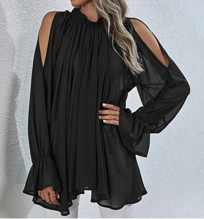 Fashion Cold Shoulder Chiffon Ruffle Flared Sleeve Dressy Top