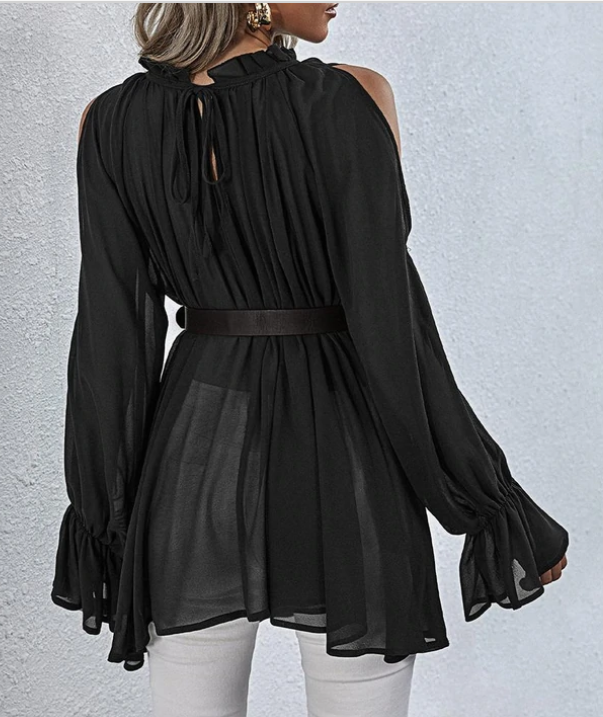 Fashion Cold Shoulder Chiffon Ruffle Flared Sleeve Dressy Top