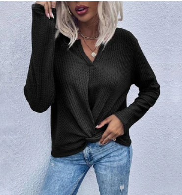 Subtle Drama Solid Waffle Twist Design Long Sleeve Top