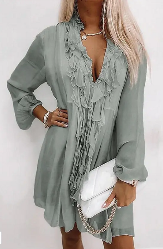 Solid Color Ruffled V-Neck Puff Sleeve Mini Dress