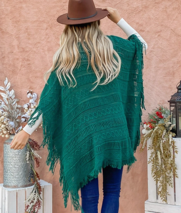 Fringe Detail Textured Sweater Poncho