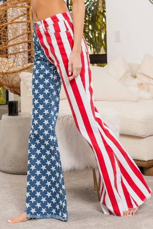 American Flag Theme Bell Bottom Denim Pants