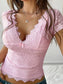 Deep V-Neck Fitted Cropped Knit Embroidered Top