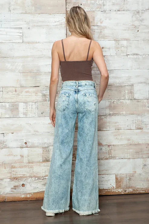 High Waisted Acid Wash Distressed Wide Leg Denim Jeans