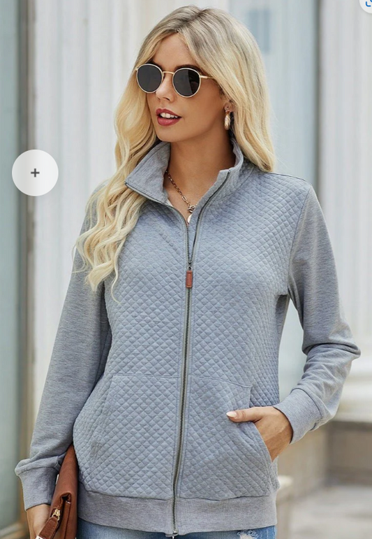 Zipper Front Plaid Solid Long Sleeve Pockets Pullover