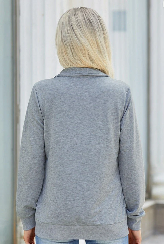 Zipper Front Plaid Solid Long Sleeve Pockets Pullover