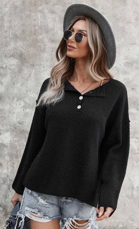 Solid Long Sleeve Button Sweater