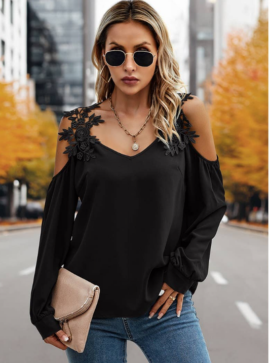 Contrast Low Back Lace Cold Shoulder Top