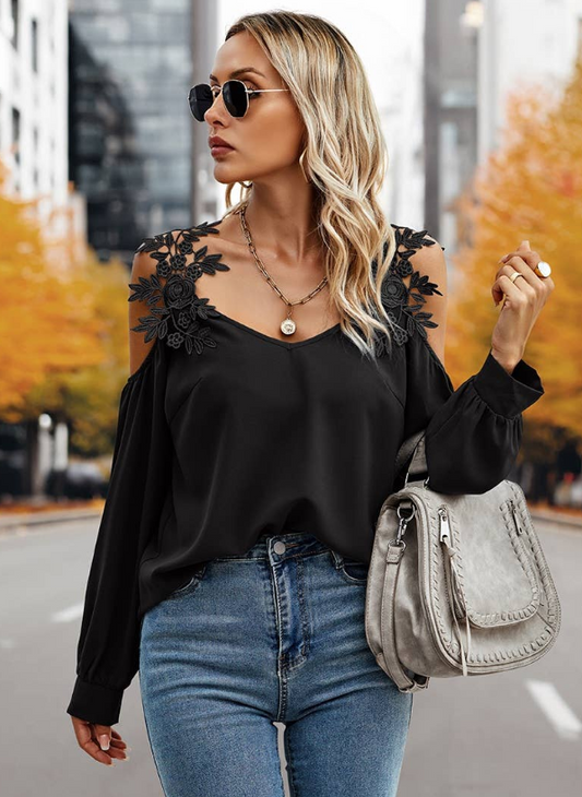 Contrast Low Back Lace Cold Shoulder Top