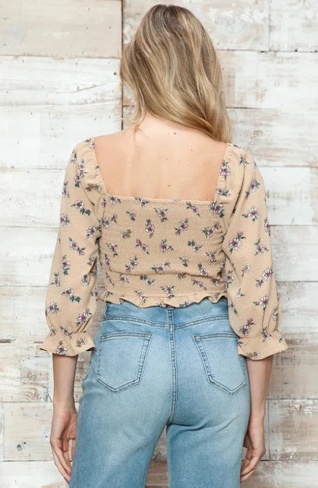 Floral Print Ruched Front Adjustable Tie Crop Top