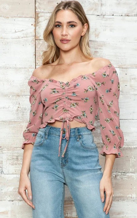 Floral Print Ruched Front Adjustable Tie Crop Top