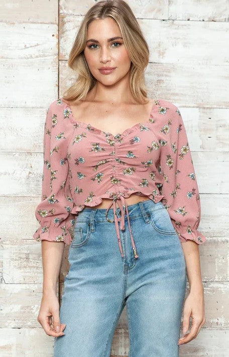 Floral Print Ruched Front Adjustable Tie Crop Top
