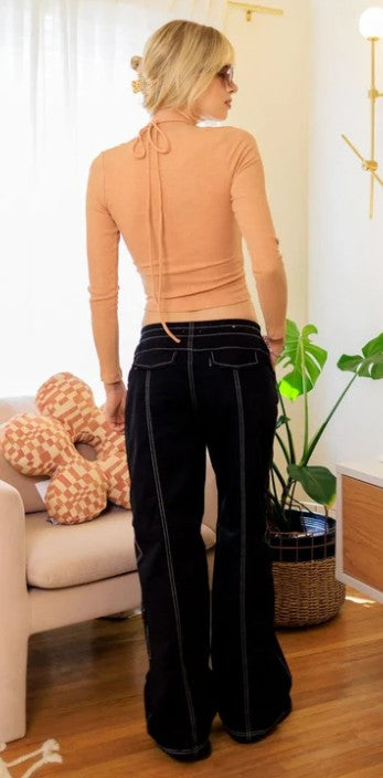 Ribbed Textured Lace Up Bustier Long Sleeve Top