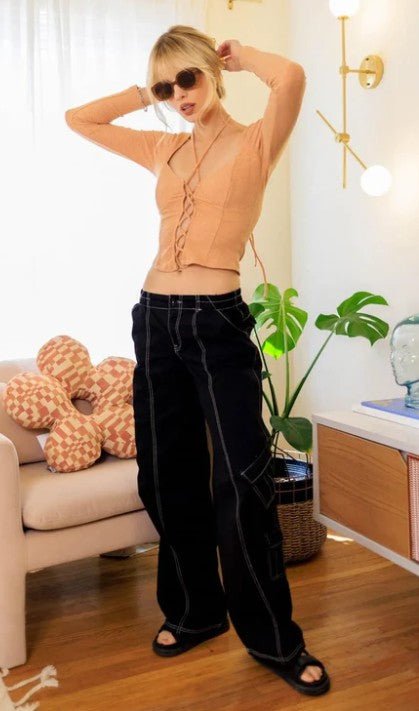 Ribbed Textured Lace Up Bustier Long Sleeve Top