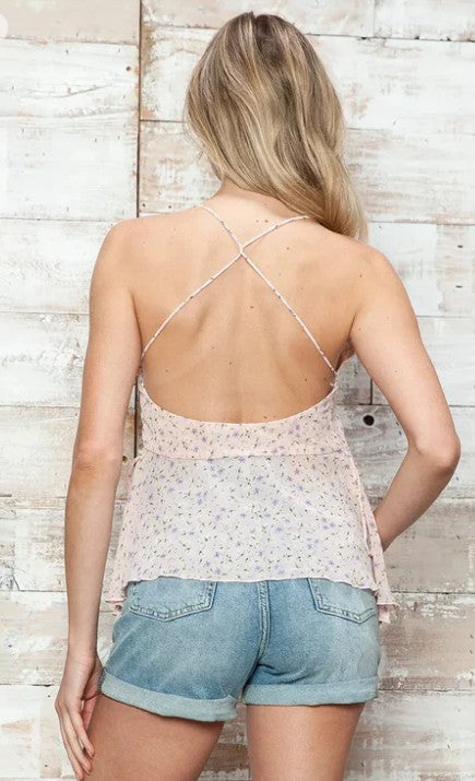 Blush Pink Floral Side Tie Ruffle Hem Cami Top
