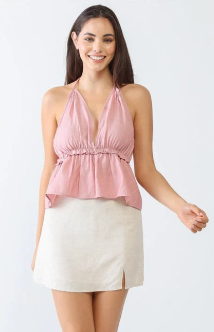 Mauve V-Neck Sleeveless Flare Hem Crop Top