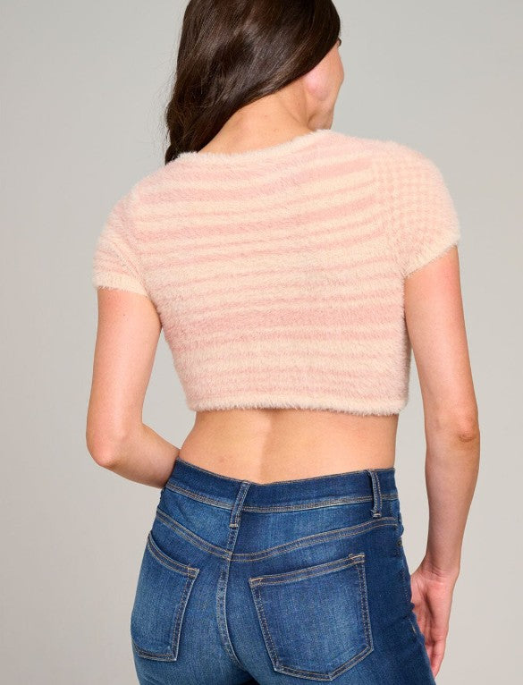Short Sleeve V-Neck Fuzzy Crop Top