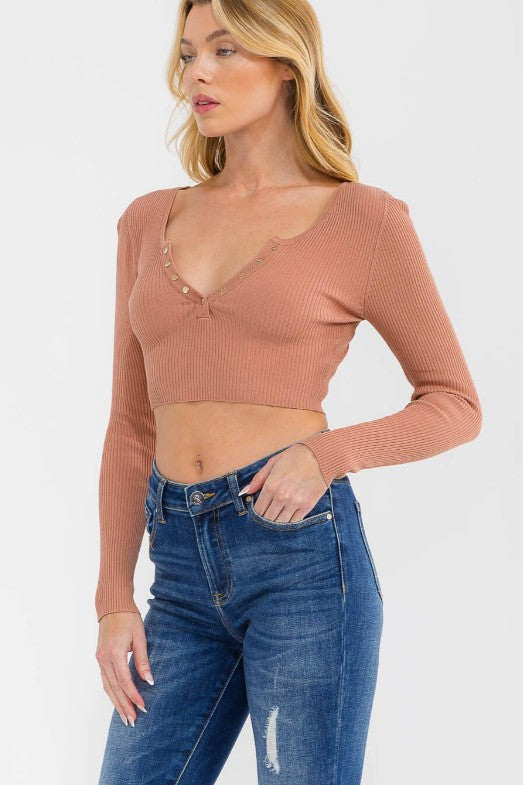 Long Sleeve V-Neck Ribbed Crop Top