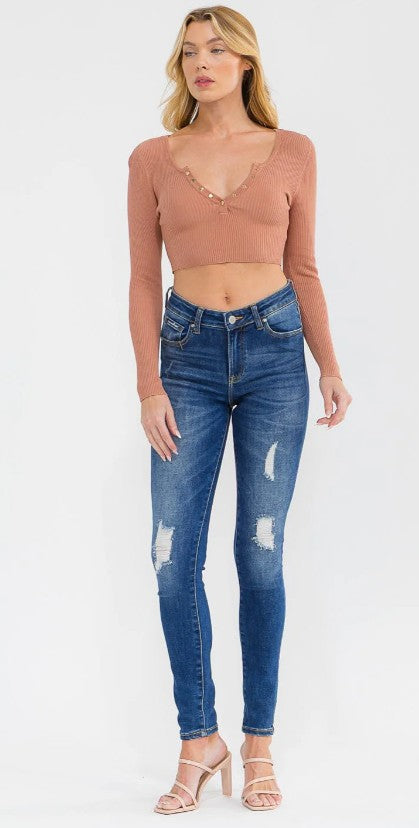 Long Sleeve V-Neck Ribbed Crop Top