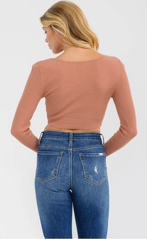 Long Sleeve V-Neck Ribbed Crop Top